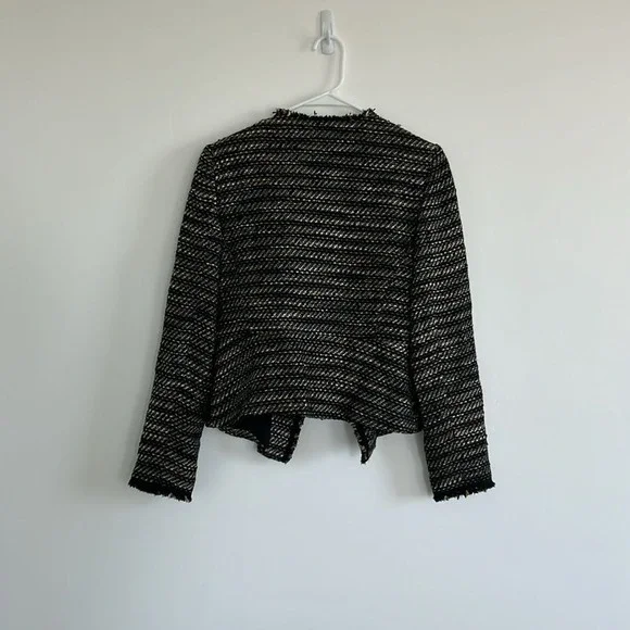 LOFT Tweed Jacket Open Front Fringe Trim Career Black Gold Size 6 - Picture 5 of 8